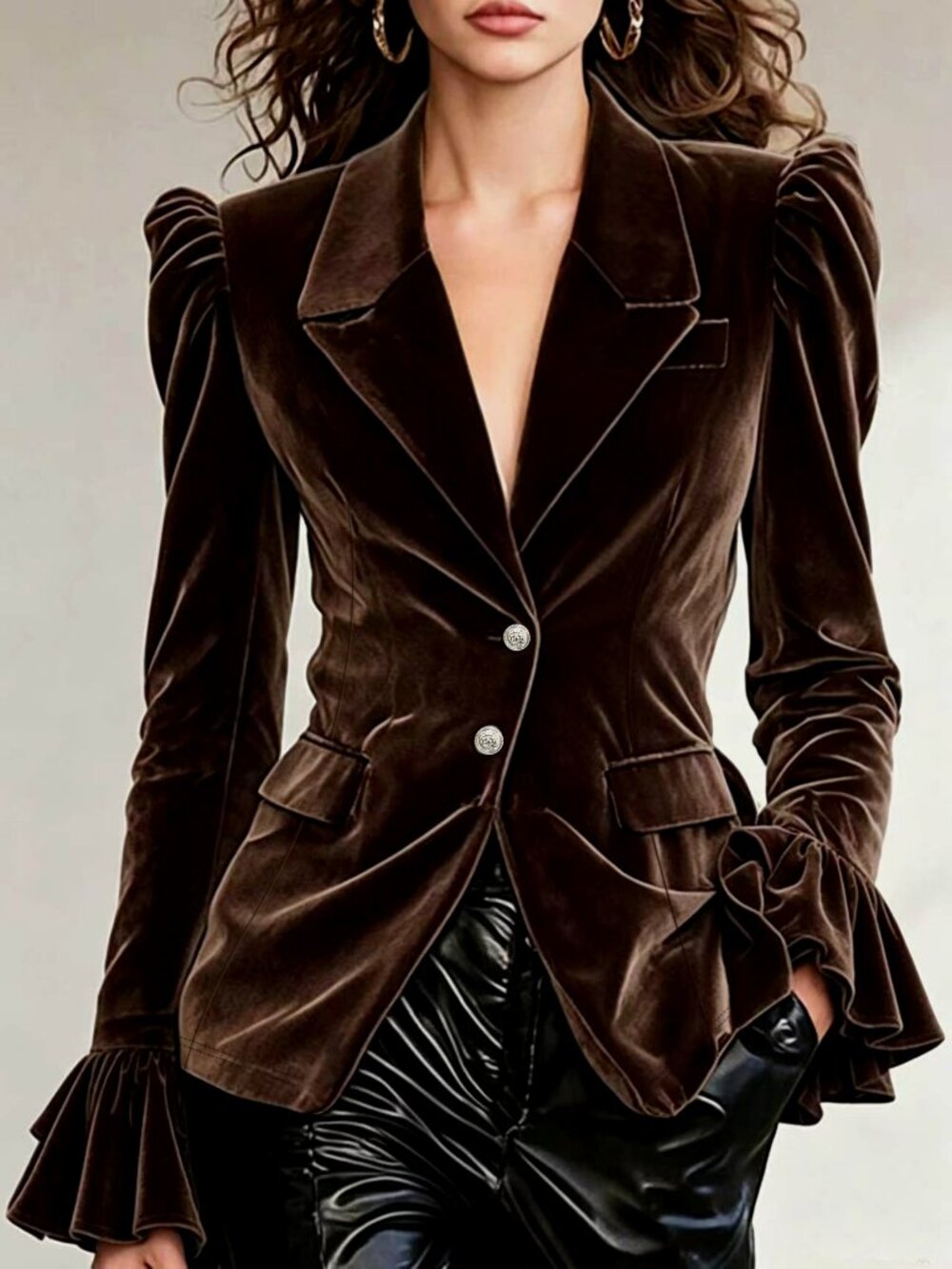 Brown Elegant Women's Plain Flare Button Slim Fit Short Jacket